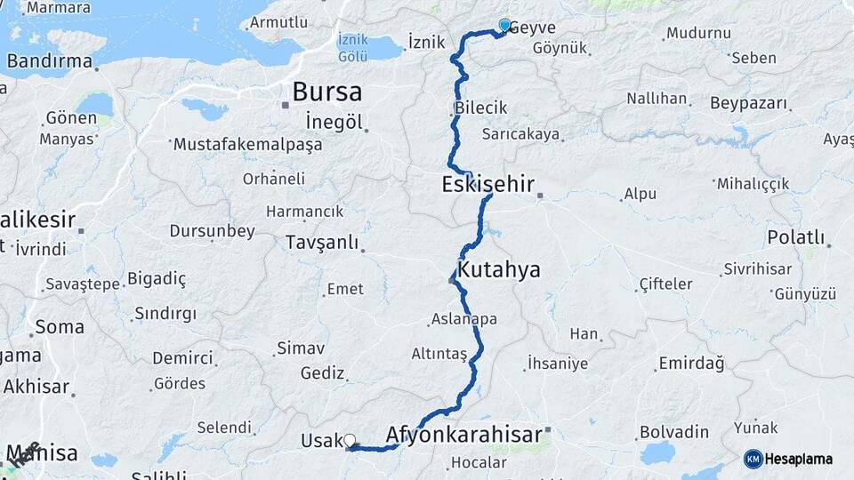 Sakarya Geyve Uşak Arası Kaç Km - Yol Haritası