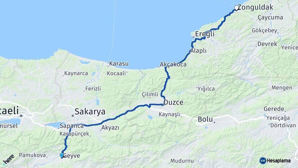 Sakarya Geyve Zonguldak Arası Kaç Km - Yol Haritası