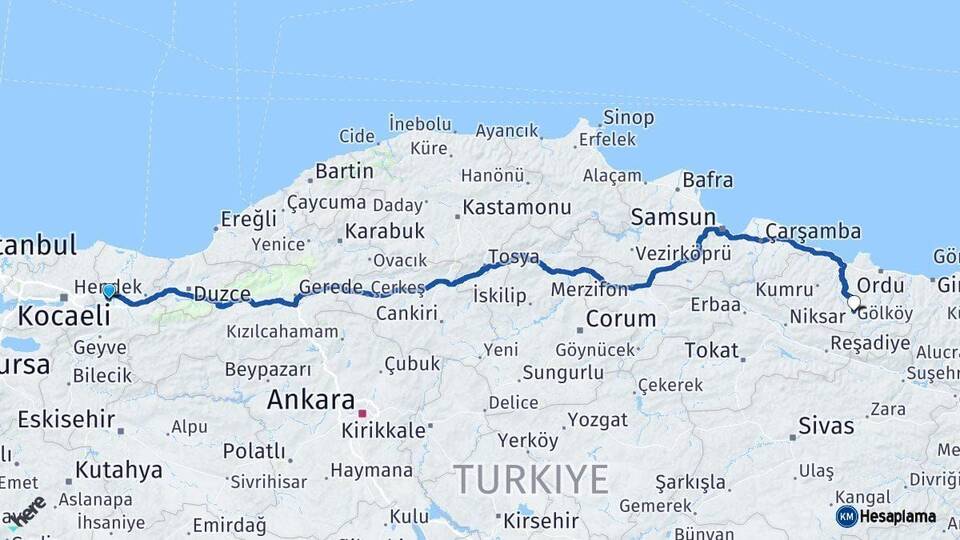 Sakarya Gölköy Ordu Arası Kaç Km - Yol Haritası