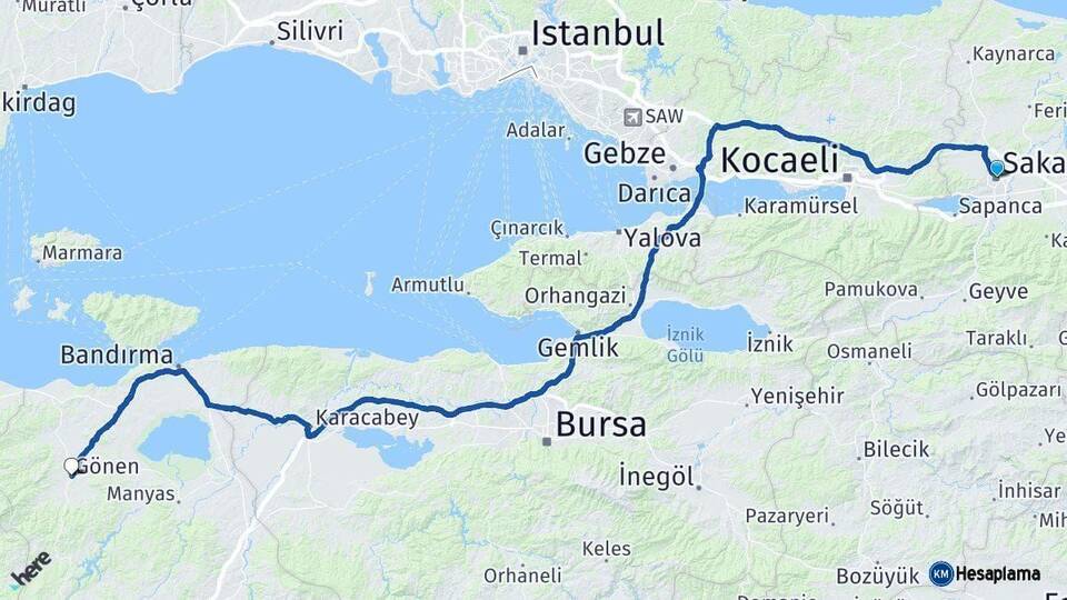 Sakarya Gönen Balıkesir Arası Kaç Km - Yol Haritası
