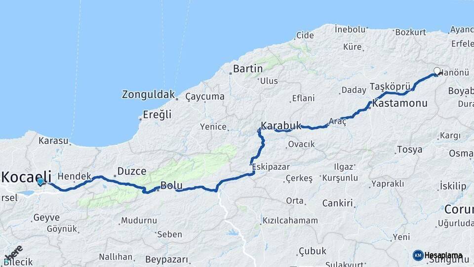 Sakarya Hanönü Kastamonu Arası Kaç Km - Yol Haritası