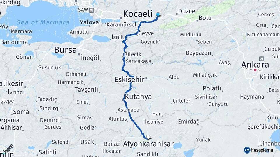 Sakarya Hendek Afyonkarahisar Arası Kaç Km - Yol Haritası