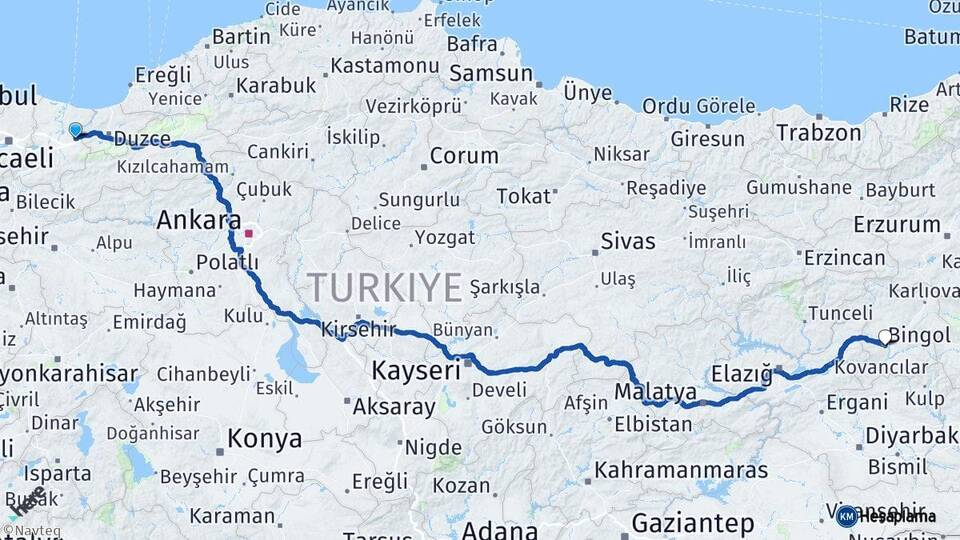 Sakarya Hendek Bingöl Arası Kaç Km - Yol Haritası