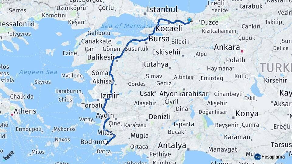 Sakarya Hendek Bodrum Muğla Arası Kaç Km - Yol Haritası