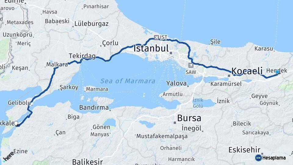 Sakarya Hendek Çanakkale Arası Kaç Km - Yol Haritası