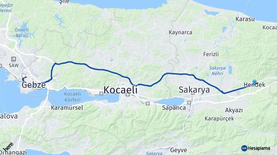 Sakarya Hendek Çayırova Kocaeli Arası Kaç Km - Yol Haritası