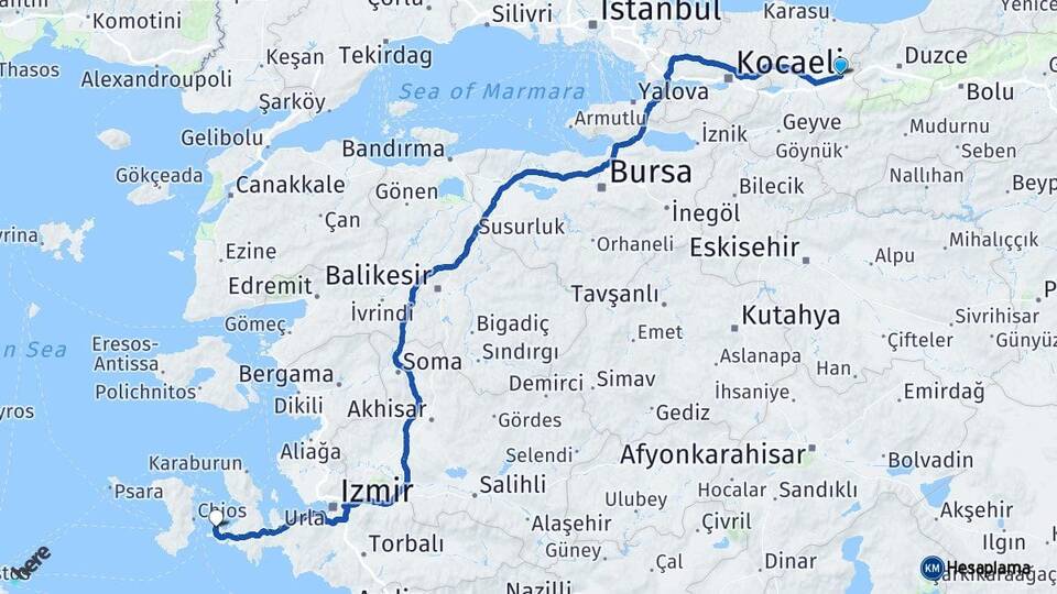 Sakarya Hendek Çeşme İzmir Arası Kaç Km - Yol Haritası