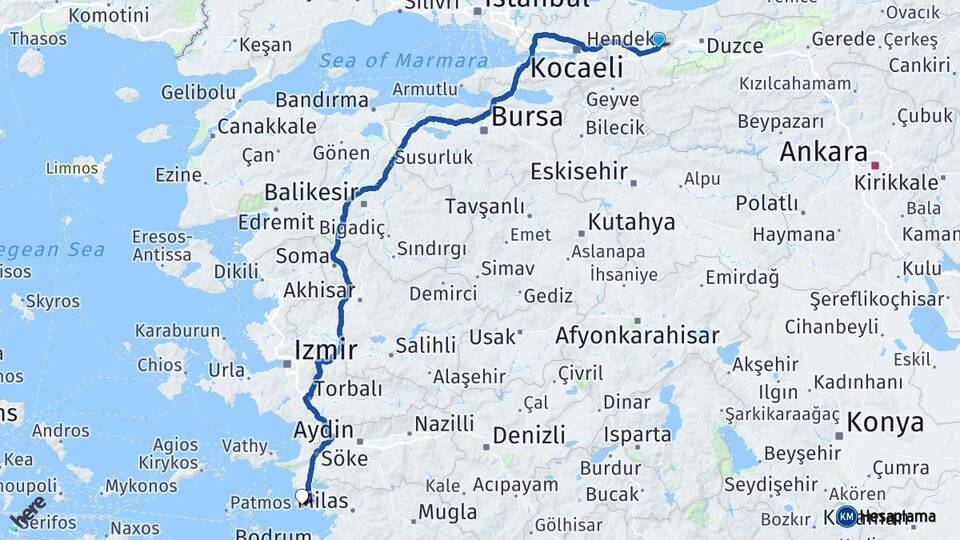 Sakarya Hendek Didim Aydın Arası Kaç Km - Yol Haritası