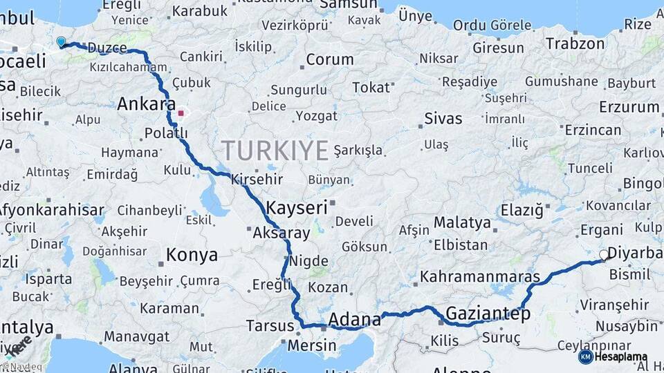Sakarya Hendek Diyarbakır Arası Kaç Km - Yol Haritası