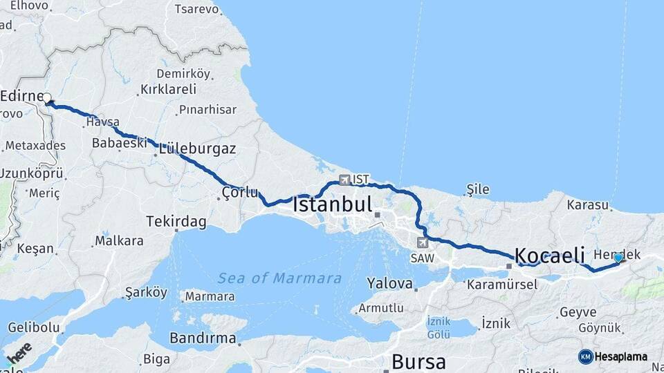 Sakarya Hendek Edirne Arası Kaç Km - Yol Haritası