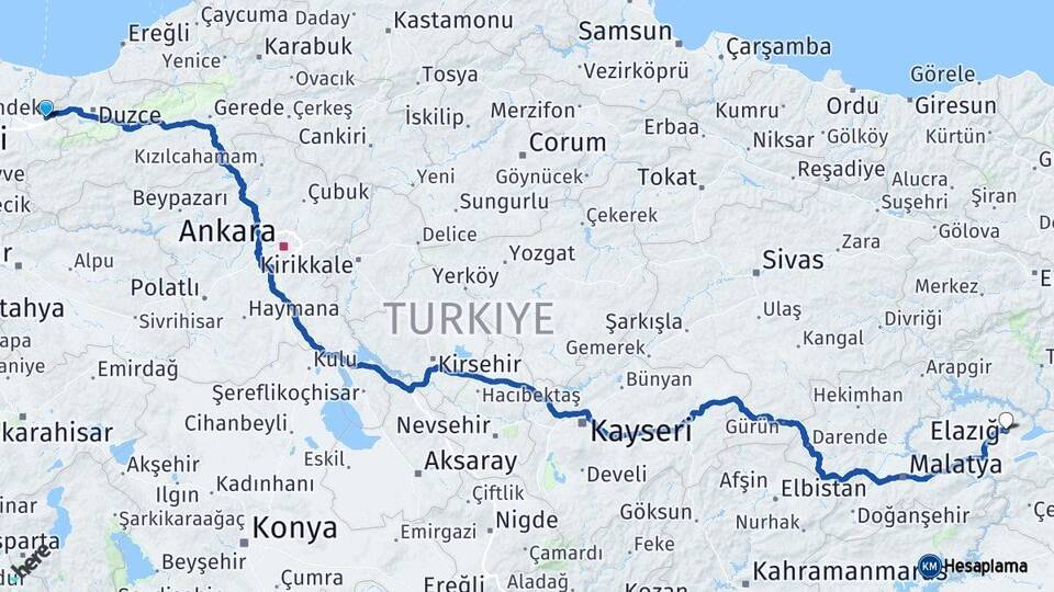 Sakarya Hendek Elazığ Arası Kaç Km - Yol Haritası