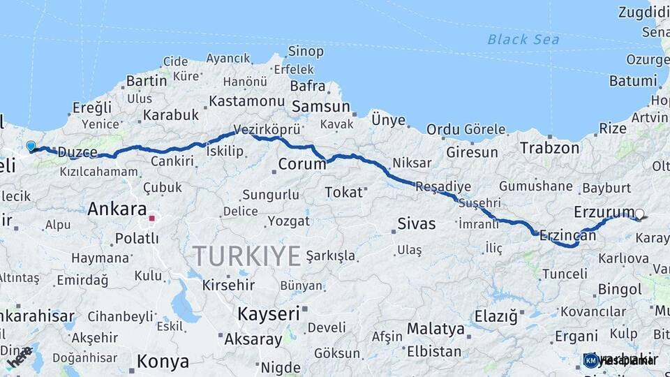 Sakarya Hendek Erzurum Arası Kaç Km - Yol Haritası