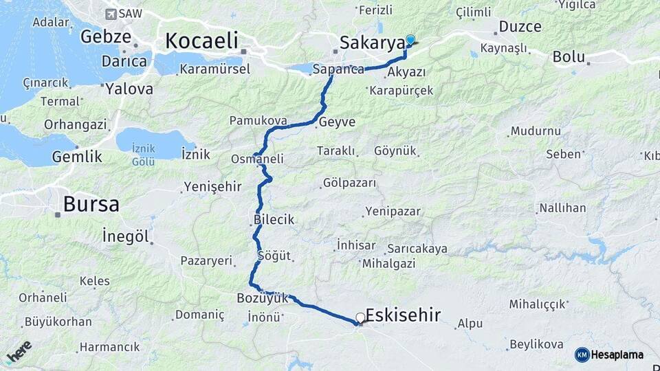 Sakarya Hendek Eskişehir Arası Kaç Km - Yol Haritası