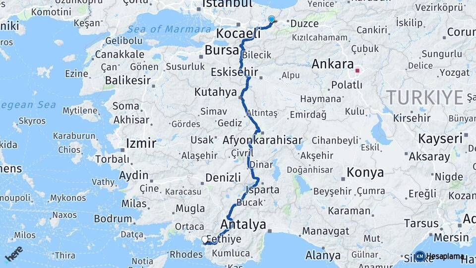 Sakarya Hendek Fethiye Muğla Arası Kaç Km - Yol Haritası