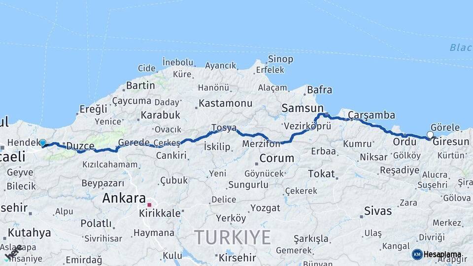Sakarya Hendek Giresun Arası Kaç Km - Yol Haritası