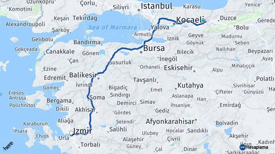 Sakarya Hendek İzmir Arası Kaç Km - Yol Haritası
