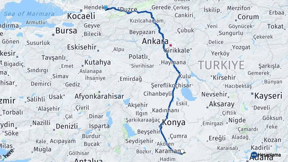 Sakarya Hendek Karaman Arası Kaç Km - Yol Haritası