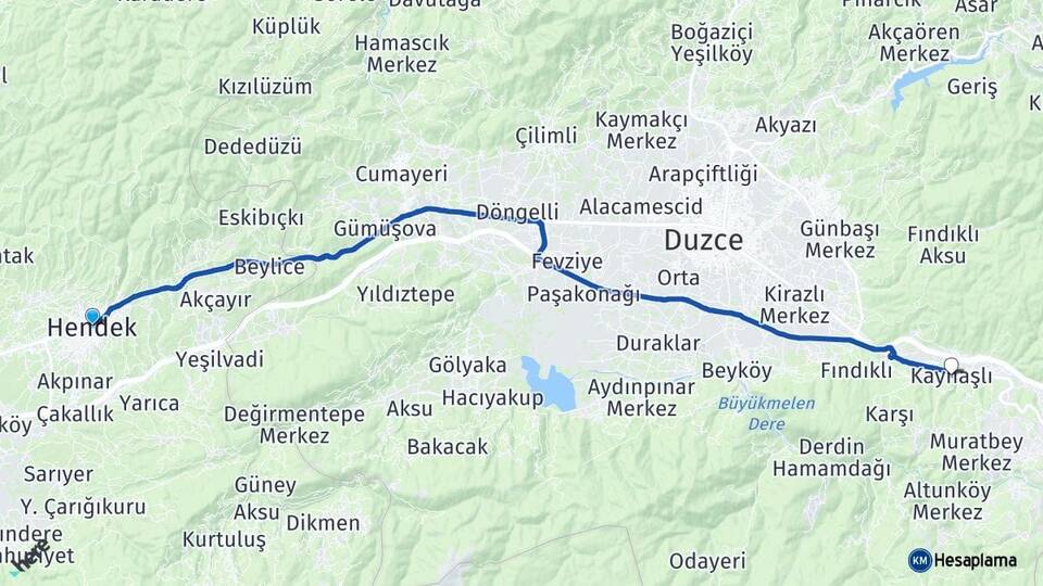 Sakarya Hendek Kaynaşlı Düzce Arası Kaç Km - Yol Haritası