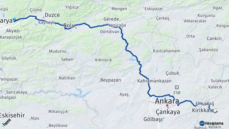 Sakarya Hendek Kırıkkale Arası Kaç Km - Yol Haritası