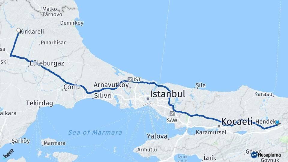 Sakarya Hendek Kırklareli Arası Kaç Km - Yol Haritası
