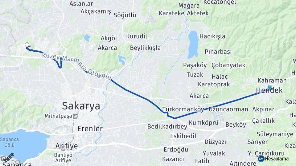 Sakarya Hendek Korucuk Adapazarı Arası Kaç Km - Yol Haritası