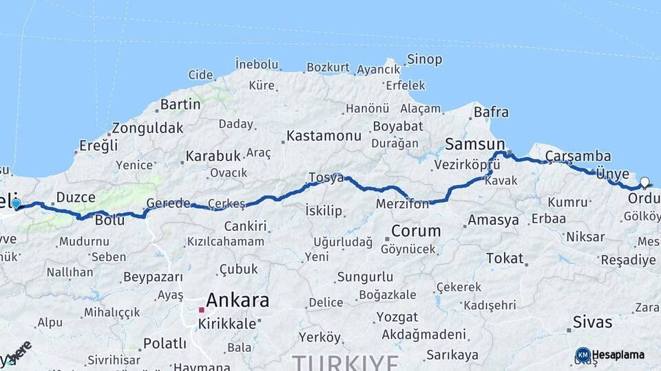 Sakarya Hendek Ordu Arası Kaç Km - Yol Haritası