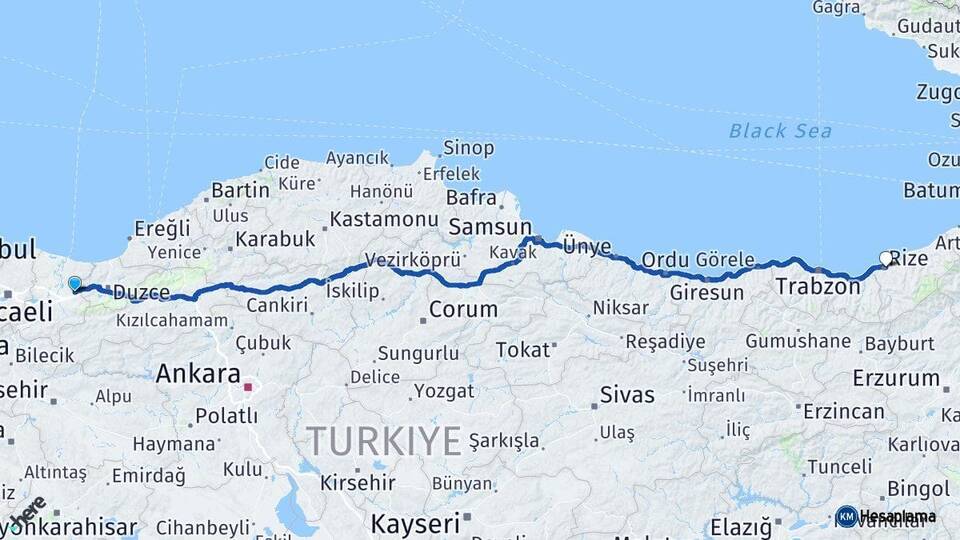 Sakarya Hendek Rize Arası Kaç Km - Yol Haritası