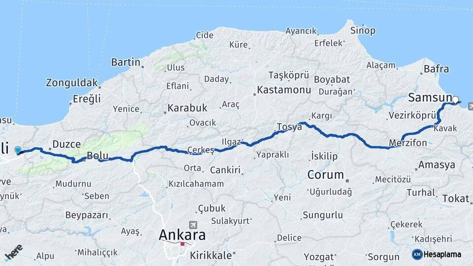 Sakarya Hendek Samsun Arası Kaç Km - Yol Haritası