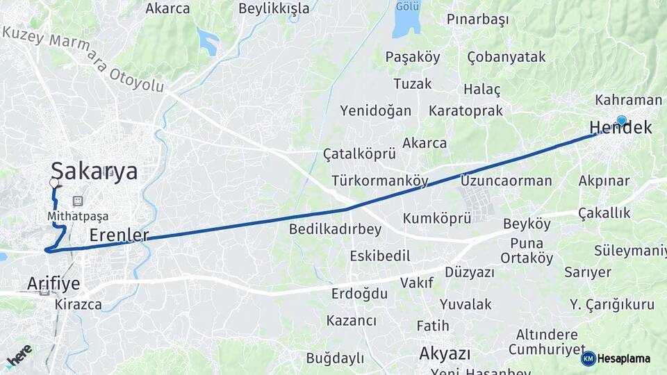 Sakarya Hendek Serdivan Arası Kaç Km - Yol Haritası