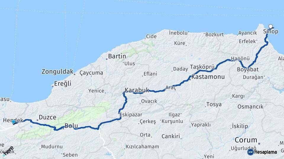 Sakarya Hendek Sinop Arası Kaç Km - Yol Haritası