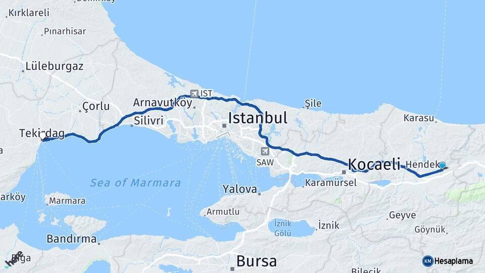Sakarya Hendek Tekirdağ Arası Kaç Km - Yol Haritası