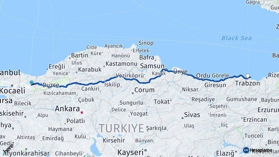 Sakarya Hendek Trabzon Arası Kaç Km - Yol Haritası