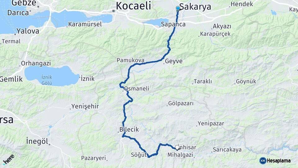 Sakarya İnhisar Bilecik Arası Kaç Km - Yol Haritası