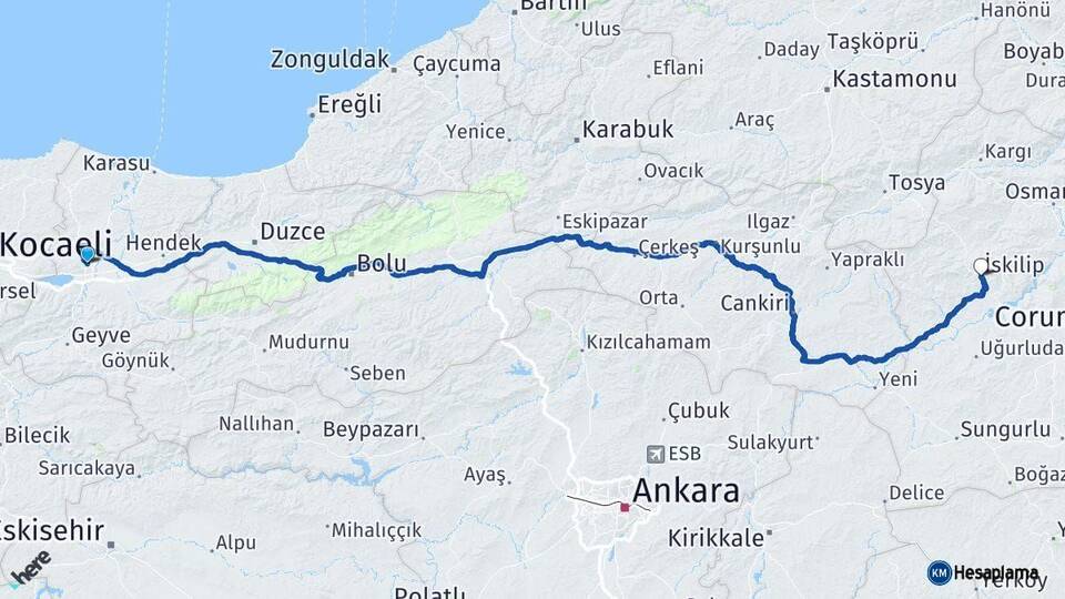 Sakarya İskilip Çorum Arası Kaç Km - Yol Haritası