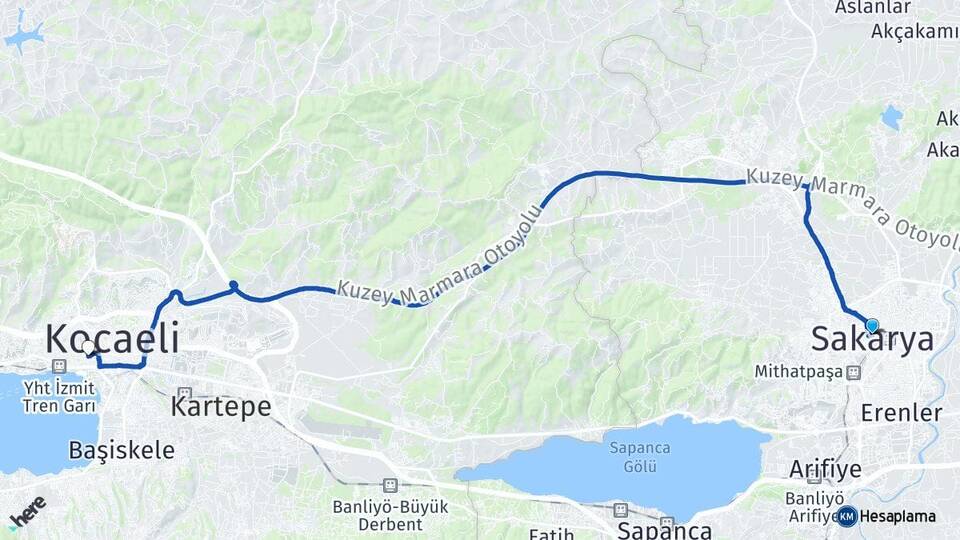 Sakarya İzmit Kocaeli Arası Kaç Km - Yol Haritası