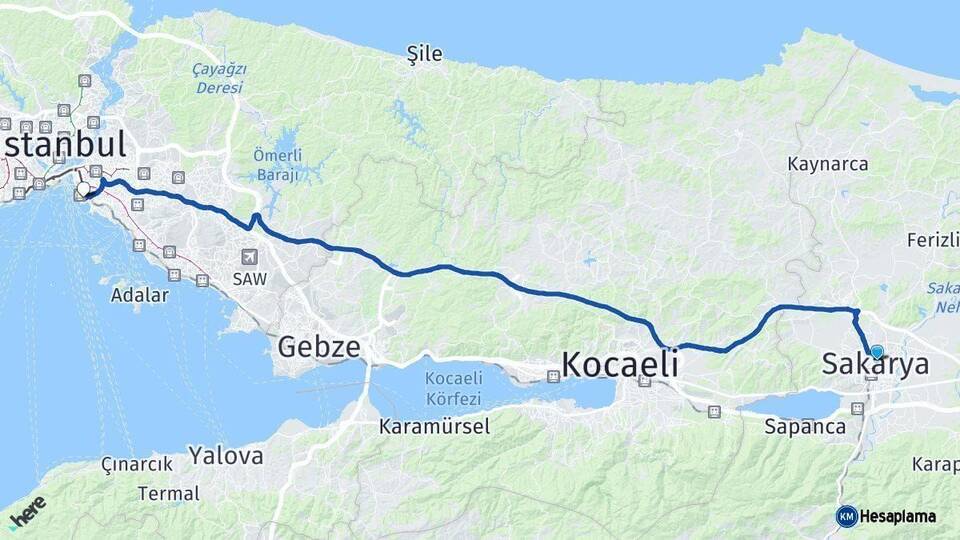 Sakarya Kadıköy İstanbul Arası Kaç Km - Yol Haritası