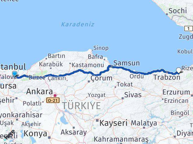 Sakarya Kalkandere Rize Arası Kaç Km - Yol Haritası