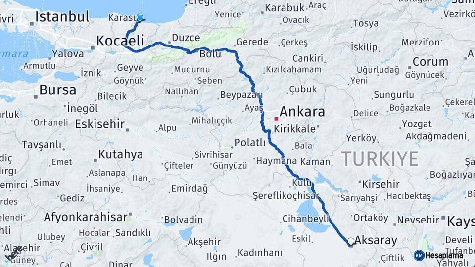 Sakarya Karasu Aksaray Arası Kaç Km - Yol Haritası