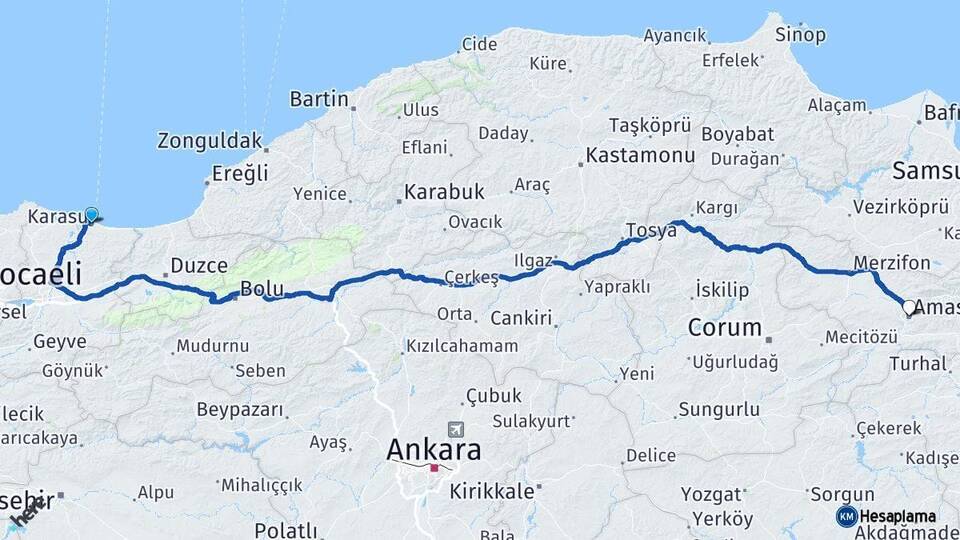 Sakarya Karasu Amasya Arası Kaç Km - Yol Haritası