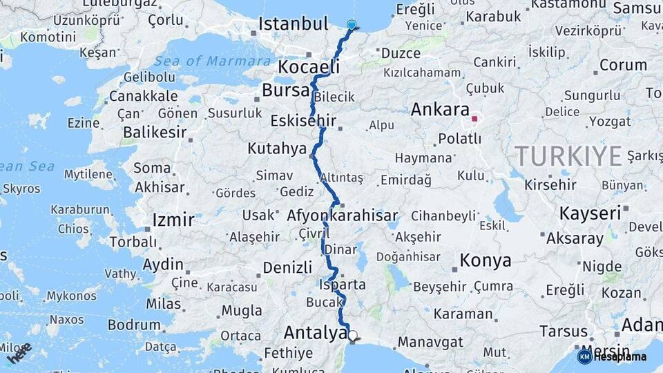 Sakarya Karasu Antalya Arası Kaç Km - Yol Haritası