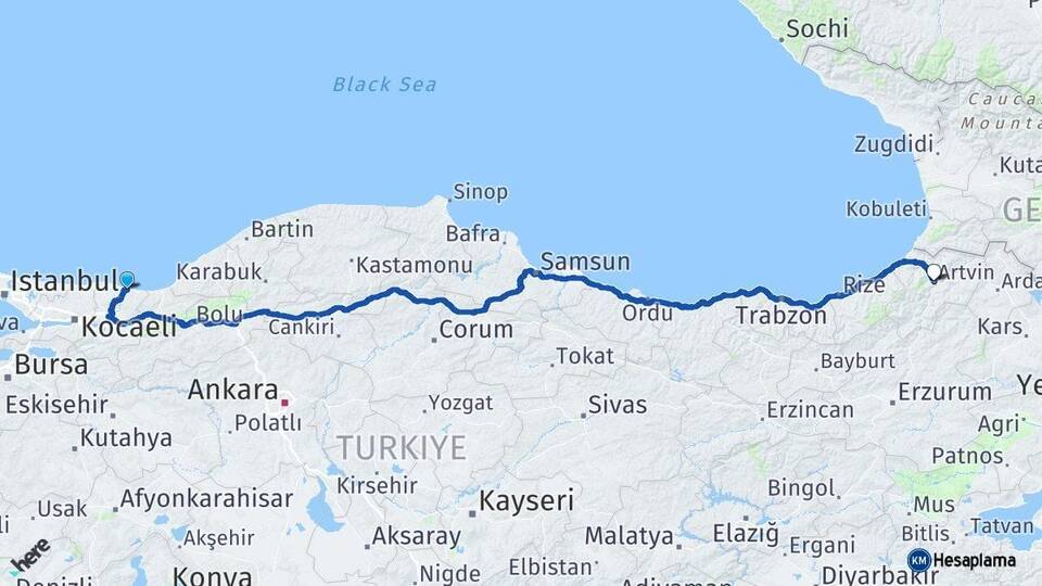Sakarya Karasu Artvin Arası Kaç Km - Yol Haritası