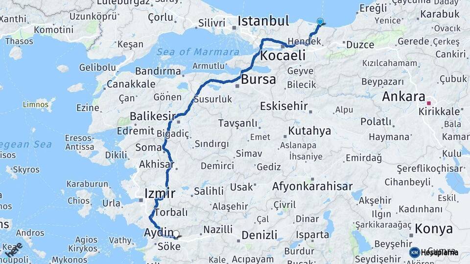 Sakarya Karasu Aydın Arası Kaç Km - Yol Haritası