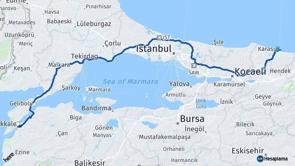 Sakarya Karasu Çanakkale Arası Kaç Km - Yol Haritası