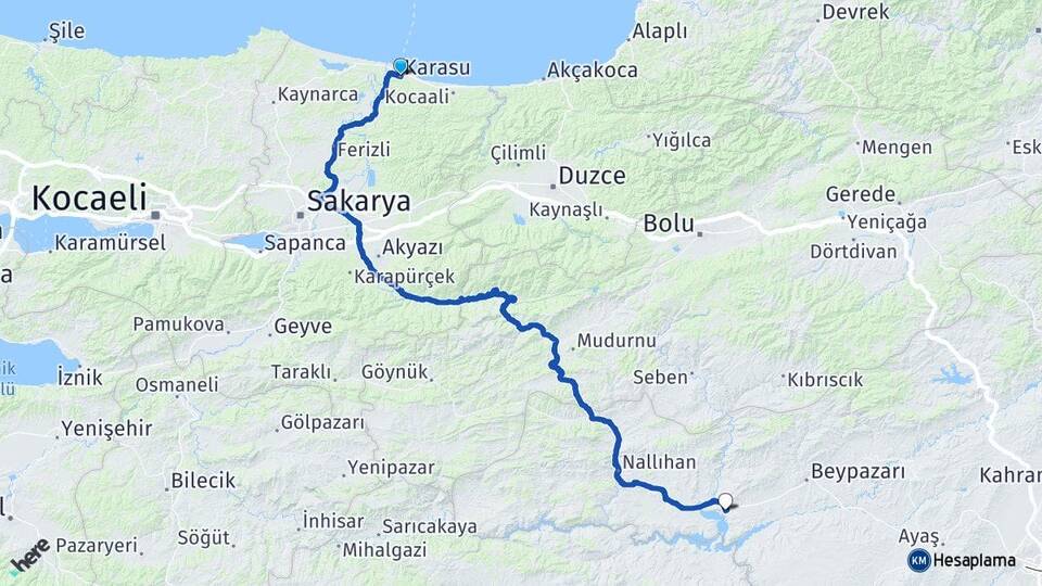 Sakarya Karasu Çayırhan Nallıhan Ankara Arası Kaç Km - Yol Haritası