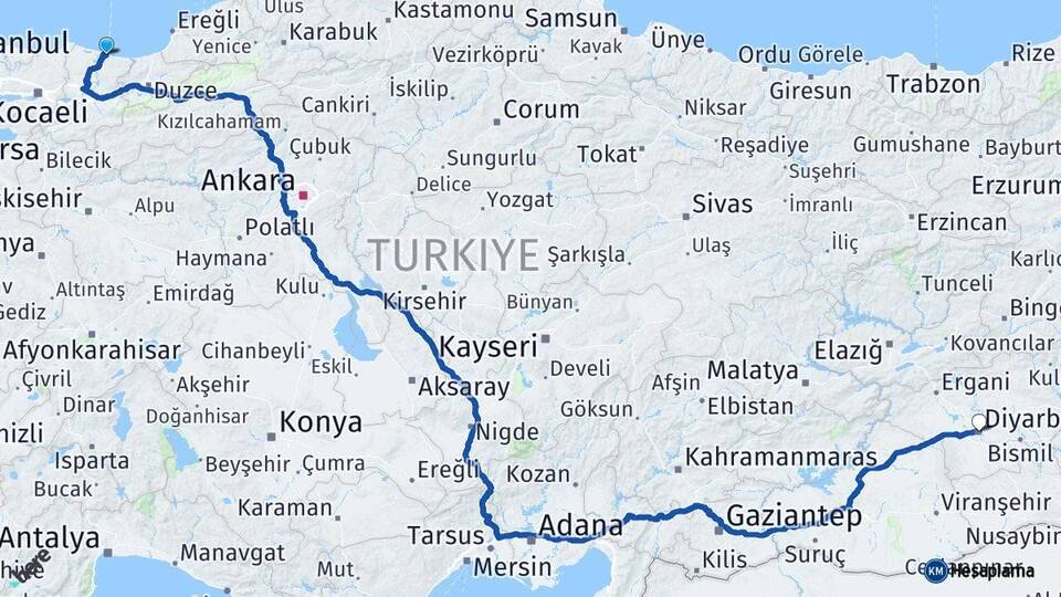 Sakarya Karasu Diyarbakır Arası Kaç Km - Yol Haritası