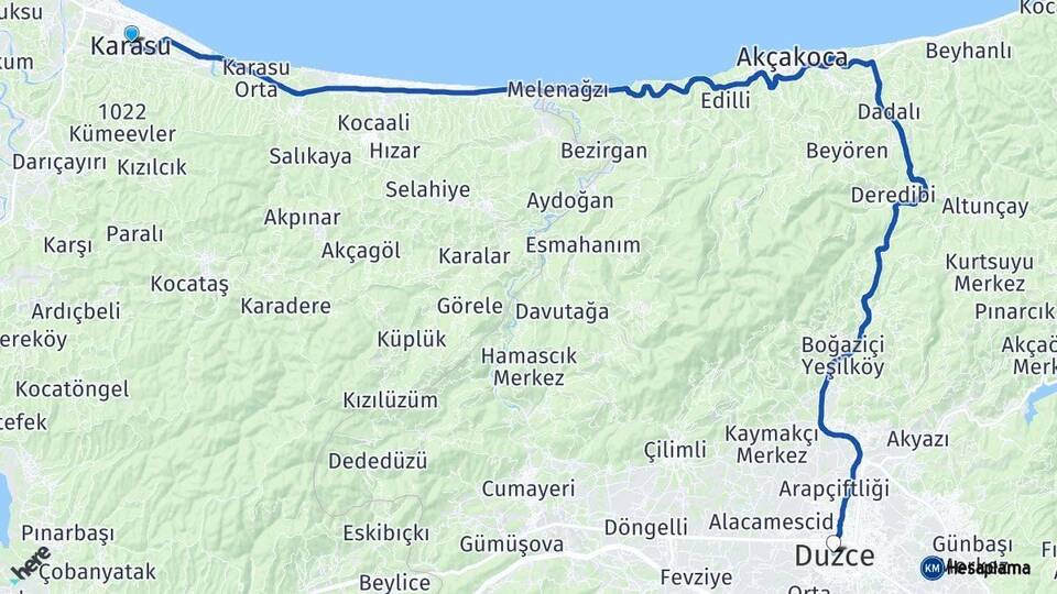 Sakarya Karasu Düzce Arası Kaç Km - Yol Haritası