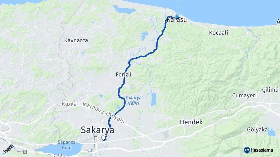 Sakarya Karasu Erenler Arası Kaç Km - Yol Haritası