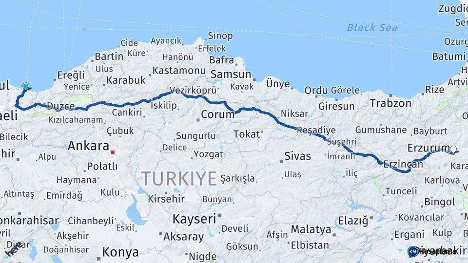 Sakarya Karasu Erzurum Arası Kaç Km - Yol Haritası