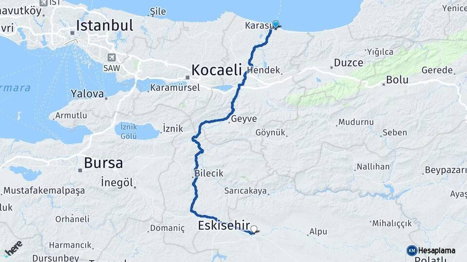 Sakarya Karasu Eskişehir Arası Kaç Km - Yol Haritası
