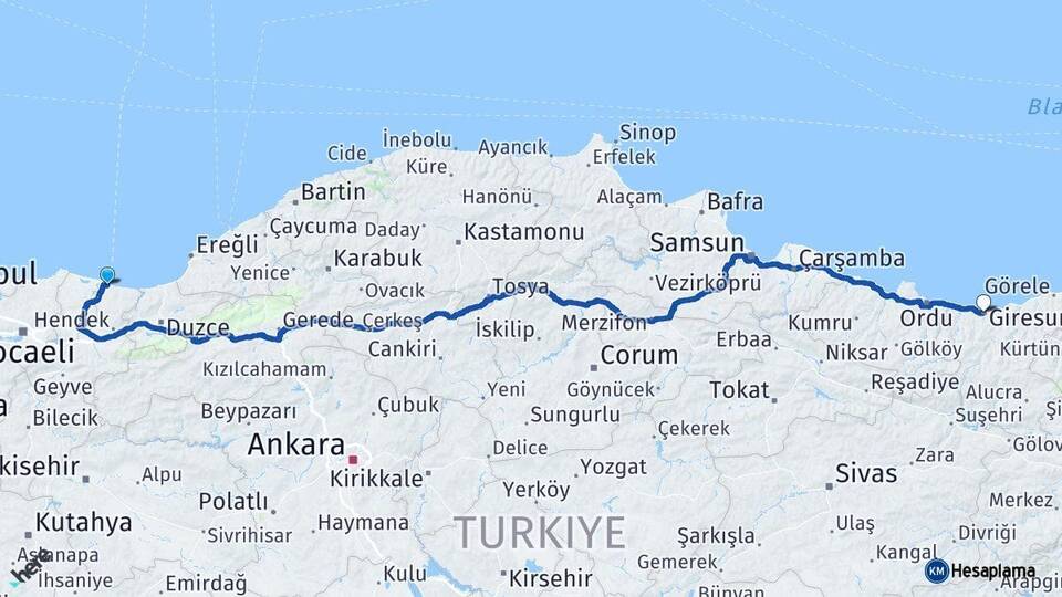 Sakarya Karasu Giresun Arası Kaç Km - Yol Haritası